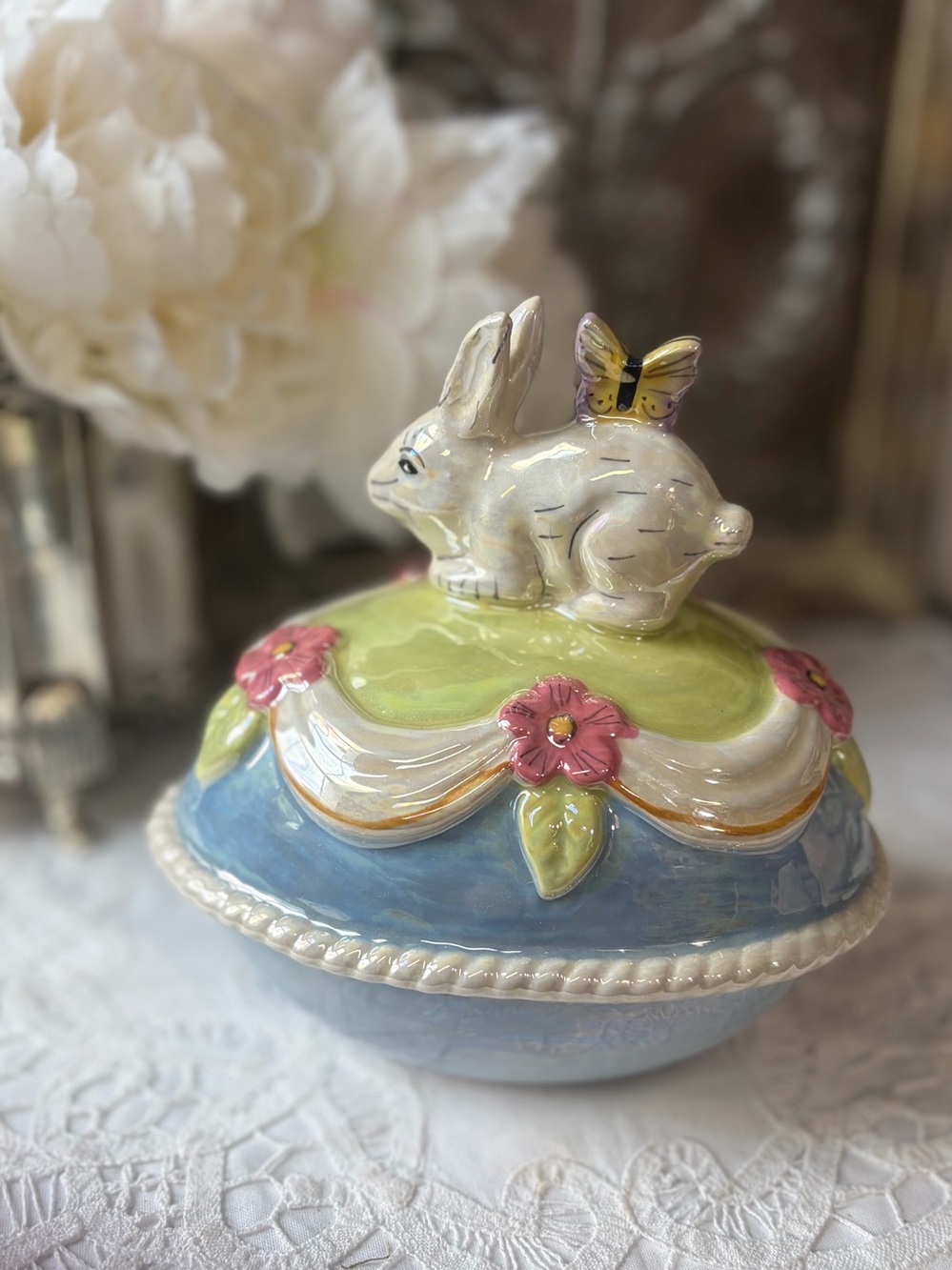 Blue Sky Gallery ceramic egg bunny rabbit butterfly trinket box